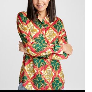 Simons Red and Green Button Down Shirt with Vintage Pattern